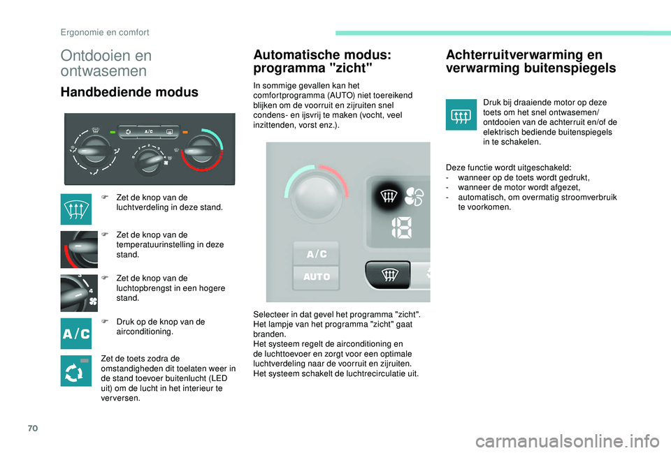 PEUGEOT PARTNER TEPEE 2020 Instructieboekje (in Dutch) 70
Ontdooien en
ontwasemen
Handbediende modusAutomatische modus:
programma "zicht"In sommige gevallen kan het
comfortprogramma (AUTO) niet toereikend
blijken om de voorruit en zijruiten sn PEUGEOT PARTNER TEPEE 2020 Instructieboekje (in Dutch) 70
Ontdooien en
ontwasemen
Handbediende modusAutomatische modus:
programma "zicht"In sommige gevallen kan het
comfortprogramma (AUTO) niet toereikend
blijken om de voorruit en zijruiten sn