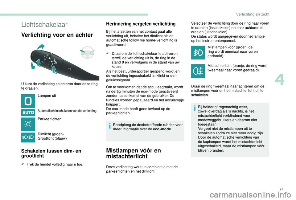 PEUGEOT PARTNER TEPEE 2020 Instructieboekje (in Dutch) 71
Lichtschakelaar
Verlichting voor en achter
Lampen uit
Automatisch inschakelen van de verlichting
Parkeerlichten
Dimlicht (groen)
Grootlicht (blauw)
Schakelen tussen dim- en
grootlicht
F Trek de he PEUGEOT PARTNER TEPEE 2020 Instructieboekje (in Dutch) 71
Lichtschakelaar
Verlichting voor en achter
Lampen uit
Automatisch inschakelen van de verlichting
Parkeerlichten
Dimlicht (groen)
Grootlicht (blauw)
Schakelen tussen dim- en
grootlicht
F Trek de he