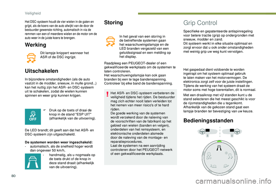 PEUGEOT PARTNER TEPEE 2020 Instructieboekje (in Dutch) 80
Werking
Dit lampje knippert wanneer het
ASR of de DSC ingrijpt.
Uitschakelen
In bijzondere omstandigheden (als de auto
vastzit in de modder, sneeuw, in mulle grond...)
kan het nuttig zijn het AS PEUGEOT PARTNER TEPEE 2020 Instructieboekje (in Dutch) 80
Werking
Dit lampje knippert wanneer het
ASR of de DSC ingrijpt.
Uitschakelen
In bijzondere omstandigheden (als de auto
vastzit in de modder, sneeuw, in mulle grond...)
kan het nuttig zijn het AS