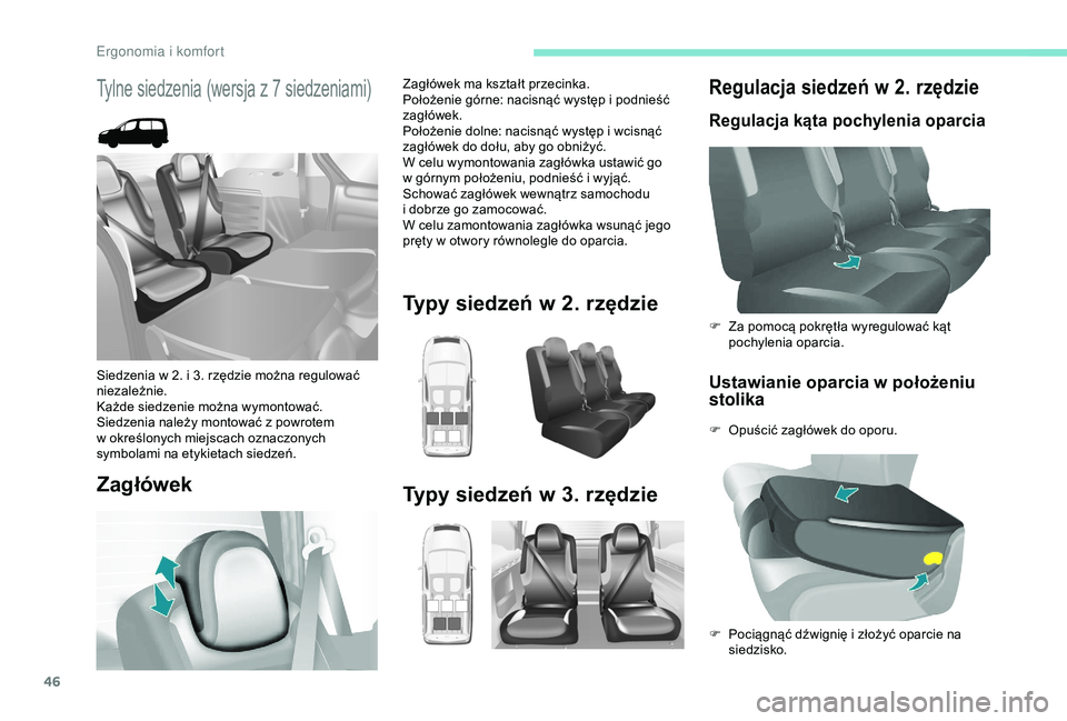 PEUGEOT PARTNER TEPEE 2020 Instrukcja obsługi (in Polish) 46
Regulacja siedzeń w 2. rzędzie
Regulacja kąta pochylenia oparcia
Ustawianie oparcia w położeniu
sto lika
F Opuścić zagłówek do oporu. F
Z
a pomocą pokrętła wyregulować kąt
pochyle PEUGEOT PARTNER TEPEE 2020 Instrukcja obsługi (in Polish) 46
Regulacja siedzeń w 2. rzędzie
Regulacja kąta pochylenia oparcia
Ustawianie oparcia w położeniu
sto lika
F Opuścić zagłówek do oporu. F
Z
a pomocą pokrętła wyregulować kąt
pochyle