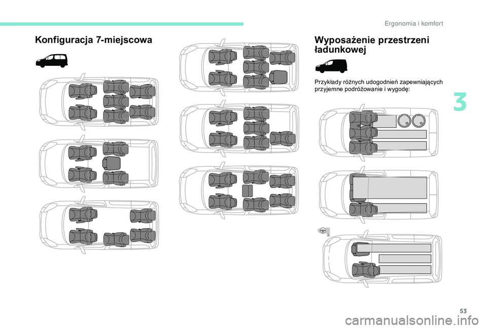 PEUGEOT PARTNER TEPEE 2020 Instrukcja obsługi (in Polish) 53
Konfiguracja 7-miejscowaWyposażenie przestrzeni
ładunkowej
Przykłady różnych udogodnień zapewniających
przyjemne podróżowanie i
wygodę:
3
E k PEUGEOT PARTNER TEPEE 2020 Instrukcja obsługi (in Polish) 53
Konfiguracja 7-miejscowaWyposażenie przestrzeni
ładunkowej
Przykłady różnych udogodnień zapewniających
przyjemne podróżowanie i
wygodę:
3
E k