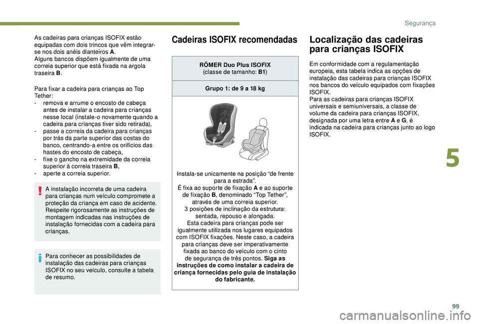 PEUGEOT PARTNER TEPEE 2020 Manual de utilização (in Portuguese) 99
As cadeiras para crianças ISOFIX estão
equipadas com dois trincos que vêm integrar-
se nos dois anéis dianteiros A.
Alguns bancos dispõem igualmente de uma
correia superior que está fixada PEUGEOT PARTNER TEPEE 2020 Manual de utilização (in Portuguese) 99
As cadeiras para crianças ISOFIX estão
equipadas com dois trincos que vêm integrar-
se nos dois anéis dianteiros A.
Alguns bancos dispõem igualmente de uma
correia superior que está fixada