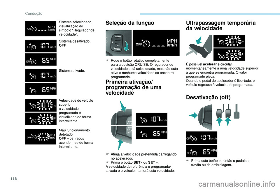 PEUGEOT PARTNER TEPEE 2020 Manual de utilização (in Portuguese) 118
Sistema selecionado,
visualização do
símbolo “Regulador de
velocidade”.
Sistema desativado,
OFF
Sistema ativado.
Velocidade do veículo
superior
a velocidade
programada é
visualizada PEUGEOT PARTNER TEPEE 2020 Manual de utilização (in Portuguese) 118
Sistema selecionado,
visualização do
símbolo “Regulador de
velocidade”.
Sistema desativado,
OFF
Sistema ativado.
Velocidade do veículo
superior
a velocidade
programada é
visualizada