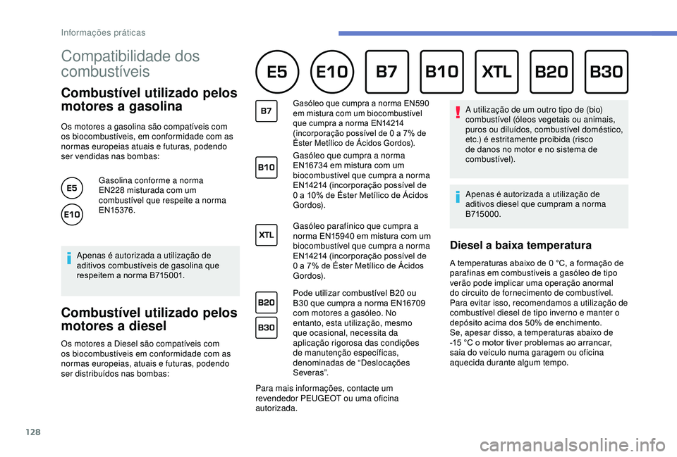 PEUGEOT PARTNER TEPEE 2020 Manual de utilização (in Portuguese) 128
Compatibilidade dos
combustíveis
Combustível utilizado pelos
motores a gasolina
Os motores a gasolina são compatíveis com
os biocombustíveis, em conformidade com as
normas europeias atua PEUGEOT PARTNER TEPEE 2020 Manual de utilização (in Portuguese) 128
Compatibilidade dos
combustíveis
Combustível utilizado pelos
motores a gasolina
Os motores a gasolina são compatíveis com
os biocombustíveis, em conformidade com as
normas europeias atua