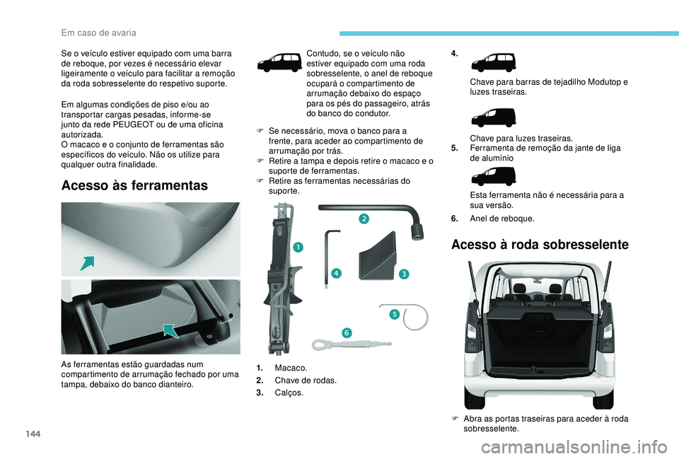 PEUGEOT PARTNER TEPEE 2020 Manual de utilização (in Portuguese) 144
Se o veículo estiver equipado com uma barra
de reboque, por vezes é necessário elevar
ligeiramente o veículo para facilitar a remoção
da roda sobresselente do respetivo suporte.
Em alguma PEUGEOT PARTNER TEPEE 2020 Manual de utilização (in Portuguese) 144
Se o veículo estiver equipado com uma barra
de reboque, por vezes é necessário elevar
ligeiramente o veículo para facilitar a remoção
da roda sobresselente do respetivo suporte.
Em alguma
