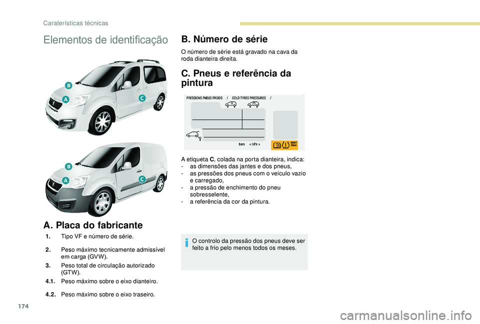 PEUGEOT PARTNER TEPEE 2020 Manual de utilização (in Portuguese) 174
Elementos de identificação
A. Placa do fabricante
1.Tipo VF e número de série.
2. Peso máximo tecnicamente admissível
em carga (GV W).
3. Peso total de circulação autorizado
(GT W).
4 .1 PEUGEOT PARTNER TEPEE 2020 Manual de utilização (in Portuguese) 174
Elementos de identificação
A. Placa do fabricante
1.Tipo VF e número de série.
2. Peso máximo tecnicamente admissível
em carga (GV W).
3. Peso total de circulação autorizado
(GT W).
4 .1