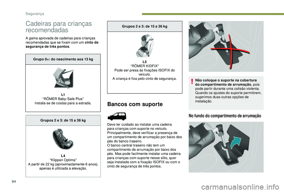 PEUGEOT PARTNER TEPEE 2020 Manual de utilização (in Portuguese) 94
Cadeiras para crianças
recomendadas
A gama aprovada de cadeiras para crianças
recomendadas que se fixam com um cinto de
segurança de três pontos.
Bancos com suporte
Deve ter cuidado ao insta PEUGEOT PARTNER TEPEE 2020 Manual de utilização (in Portuguese) 94
Cadeiras para crianças
recomendadas
A gama aprovada de cadeiras para crianças
recomendadas que se fixam com um cinto de
segurança de três pontos.
Bancos com suporte
Deve ter cuidado ao insta