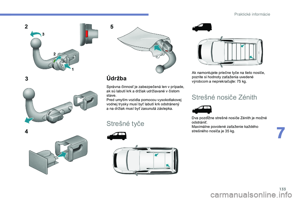 PEUGEOT PARTNER TEPEE 2020  Návod na použitie (in Slovakian) 133
Údržba
Správna činnosť je zabezpečená len v prípade, 
a k sú labutí krk a   držiak udržiavané v   čistom 
stave.
Pred umytím vozidla pomocou vysokotlakovej 
vodnej trysky musí byť