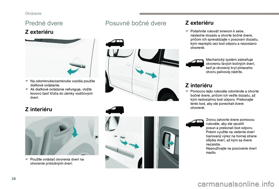 PEUGEOT PARTNER TEPEE 2020 Návod na použitie (in Slovakian) 28
Predné dvere
Z exteriéru
Z interiéru
Posuvné bočné dvereZ exteriéru
F Potiahnite rukoväť smerom k sebe, následne dozadu a otvorte bočné dvere,
pričom ich sprevádzajte v posúvaní do PEUGEOT PARTNER TEPEE 2020 Návod na použitie (in Slovakian) 28
Predné dvere
Z exteriéru
Z interiéru
Posuvné bočné dvereZ exteriéru
F Potiahnite rukoväť smerom k sebe, následne dozadu a otvorte bočné dvere,
pričom ich sprevádzajte v posúvaní do