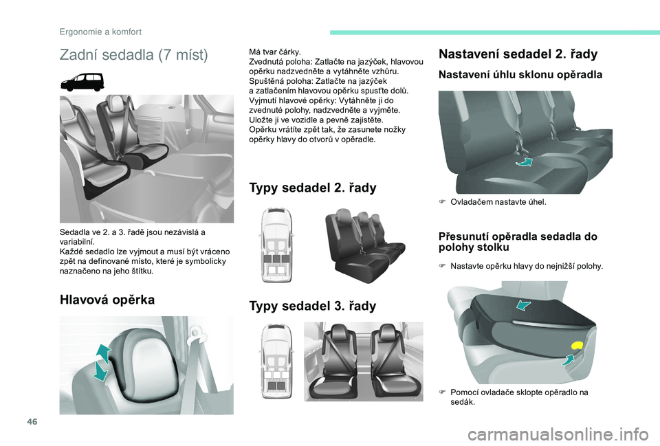 PEUGEOT PARTNER TEPEE 2020 Návod na použití (in Czech) 46
Nastavení sedadel 2. řady
Nastavení úhlu sklonu opěradla
Přesunutí opěradla sedadla do
polohy stolku
F Nastavte opěrku hlavy do nejnižší polohy. F
O
vladačem nastavte úhel.
F
P
PEUGEOT PARTNER TEPEE 2020 Návod na použití (in Czech) 46
Nastavení sedadel 2. řady
Nastavení úhlu sklonu opěradla
Přesunutí opěradla sedadla do
polohy stolku
F Nastavte opěrku hlavy do nejnižší polohy. F
O
vladačem nastavte úhel.
F
P