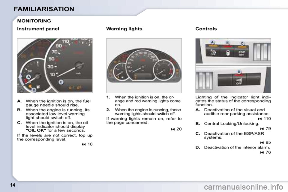 Peugeot 1007 Dag 2008.5  Owners Manual FAMILIARISATION
 MONITORING 
  Warning lights    Controls  
   
1.   
When the ignition is on, the or- 
ange and red warning lights come 
�o�n�.� 
  
2.    When the engine is running, these 
�w�a�r�n�