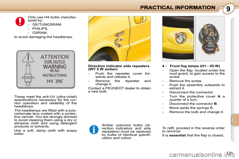 Peugeot 1007 Dag 2008.5  Owners Manual 9
121
 Only use H4 bulbs manufac- 
tured by:  
   -   GE/TUNGSRAM. 
  -   PHILIPS, 
  -   OSRAM,  
 to avoid damaging the headlamps. 
  Direction indicator side repeaters  
(WY 5 W amber)  
   -   Pus