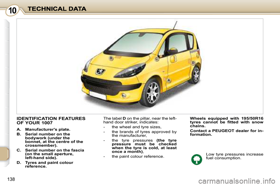 Peugeot 1007 Dag 2008.5  Owners Manual 1010
138
               IDENTIFICATION FEATURES OF YOUR 1007 
   
A.     Manufacturers plate.   
  
B.     Serial number on the  
bodywork (under the 
bonnet, at the centre of the 
crossmember).   
 