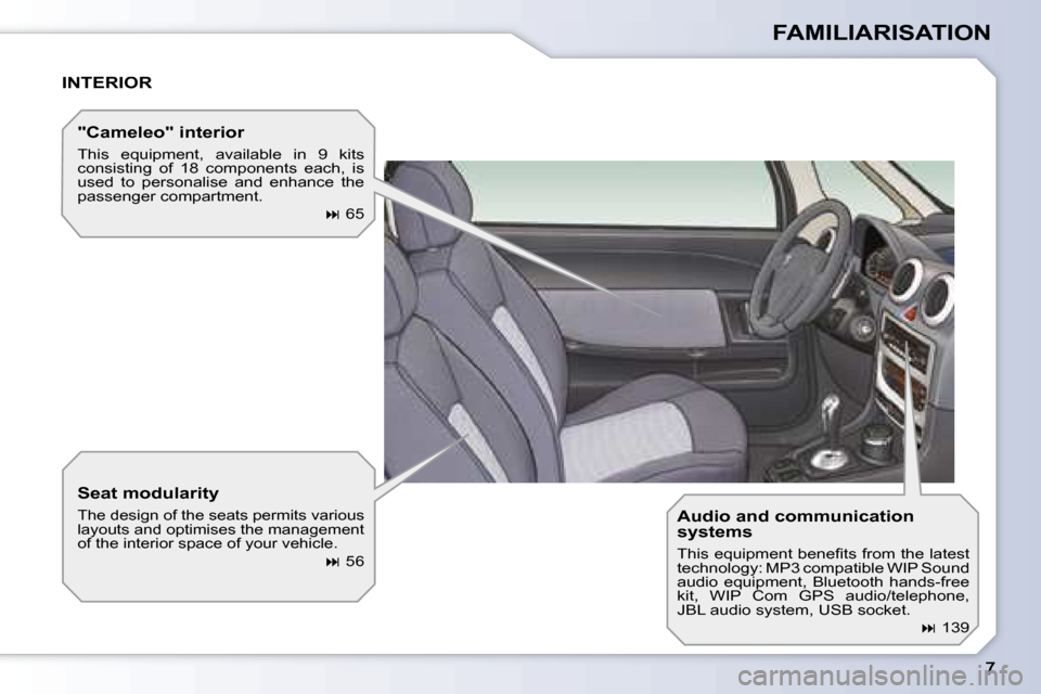 Peugeot 1007 Dag 2008.5  Owners Manual FAMILIARISATION
 INTERIOR 
  Seat modularity 
 The design of the seats permits various  
layouts and optimises the management 
�o�f� �t�h�e� �i�n�t�e�r�i�o�r� �s�p�a�c�e� �o�f� �y�o�u�r� �v�e�h�i�c�l�