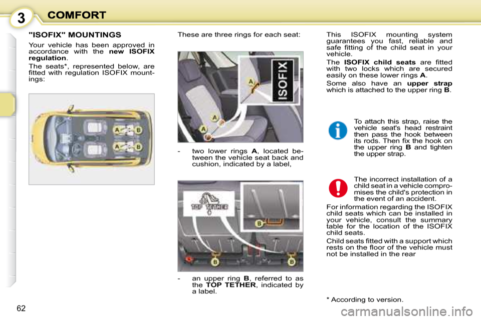 Peugeot 1007 Dag 2008.5  Owners Manual 3
62
  "ISOFIX" MOUNTINGS  
 Your  vehicle  has  been  approved  in  
accordance  with  the   new  ISOFIX 
regulation  . 
 The  seats * ,  represented  below,  are 
�ﬁ� �t�t�e�d�  �w�i�t�h�  �r�e�g�