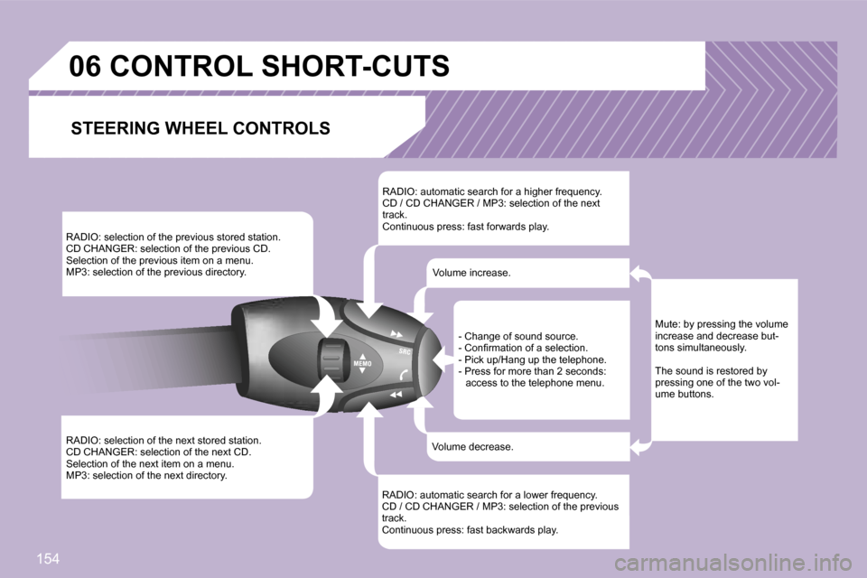 Peugeot 1007 Dag 2007  Owners Manual �R�A�D�I�O�:� �s�e�l�e�c�t�i�o�n� �o�f� �t�h�e� �p�r�e�v�i�o�u�s� �s�t�o�r�e�d� �s�t�a�t�i�o�n�.�C�D� �C�H�A�N�G�E�R�:� �s�e�l�e�c�t�i�o�n� �o�f� �t�h�e� �p�r�e�v�i�o�u�s� �C�D�.�S�e�l�e�c�t�i�o�n� �o