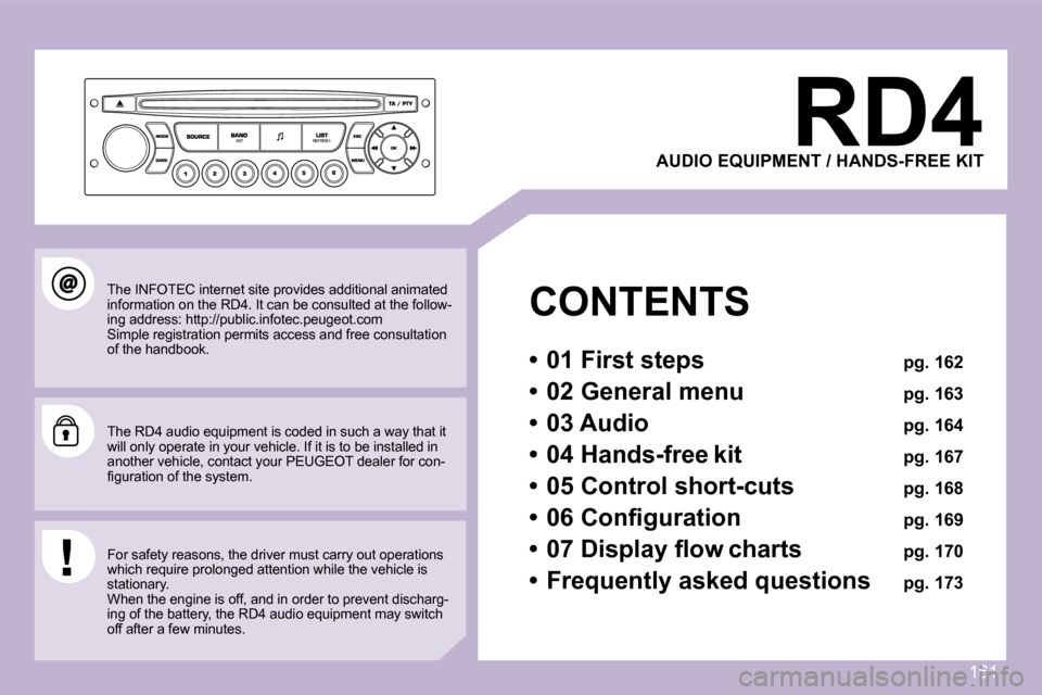 Peugeot 1007 Dag 2007  Owners Manual �1�6�1
�R�D�4
�A�U�D�I�O� �E�Q�U�I�P�M�E�N�T� �/� �H�A�N�D�S�-�F�R�E�E� �K�I�T
�C�O�N�T�E�N�T�S
�•�  �0�1� �F�i�r�s�t� �s�t�e�p�s� � �p�g�.� �1�6�2
�•�  �0�2� �G�e�n�e�r�a�l� �m�e�n�u� � �p�g�.� �