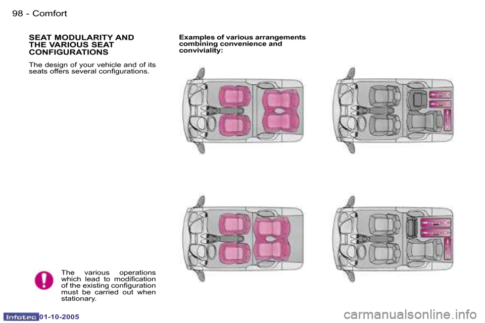 Peugeot 1007 Dag 2005.5 Owners Manual �9�8 �-�C�o�m�f�o�r�t
�0�1�-�1�0�-�2�0�0�5
�9�9
�-�C�o�m�f�o�r�t
�0�1�-�1�0�-�2�0�0�5
�S�E�A�T� �M�O�D�U�L�A�R�I�T�Y� �A�N�D�  
�T�H�E� �V�A�R�I�O�U�S� �S�E�A�T� 
�C�O�N�F�I�G�U�R�A�T�I�O�N�S
�T�h�e� 