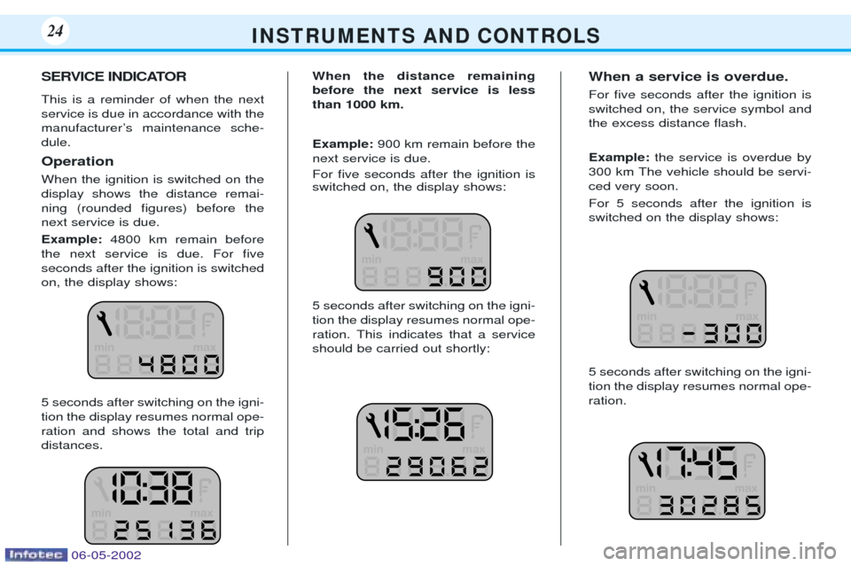 Peugeot 106 Dag 2001.5 Owners Guide SERVICE INDICATOR This is a reminder of when the next service is due in accordance with the
manufacturerÕs maintenance sche-dule. Operation When the ignition is switched on the display shows the dist