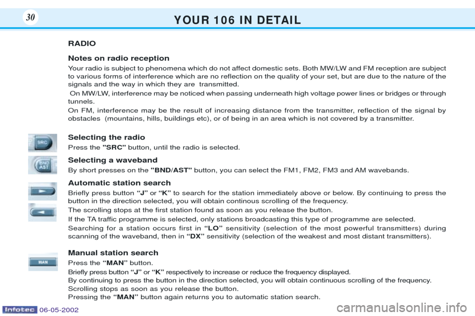 Peugeot 106 Dag 2001.5 Owners Guide Y O U R   1 0 6   I N   D E TA I L30
RADIO Notes on radio reception 
Your radio is subject to phenomena which do not affect domestic sets. Both MW/LW and FM reception are subject to various forms of i