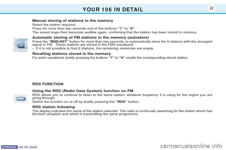 Peugeot 106 Dag 2001.5 Owners Guide Y O U R   1 0 6   I N   D E TA I L31
Manual storing of stations in the memory Select the station required. Press for more than two seconds one of the buttons Ò1Óto Ò6Ó .
The sound stops then becom