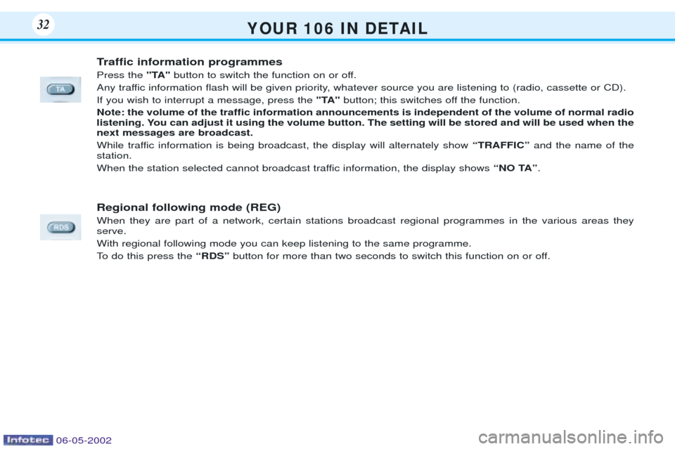 Peugeot 106 Dag 2001.5  Owners Manual Y O U R   1 0 6   I N   D E TA I L32
Traffic information programmes Press the "TA"button to switch the function on or off.
Any traffic information flash will be given priority, whatever source you are