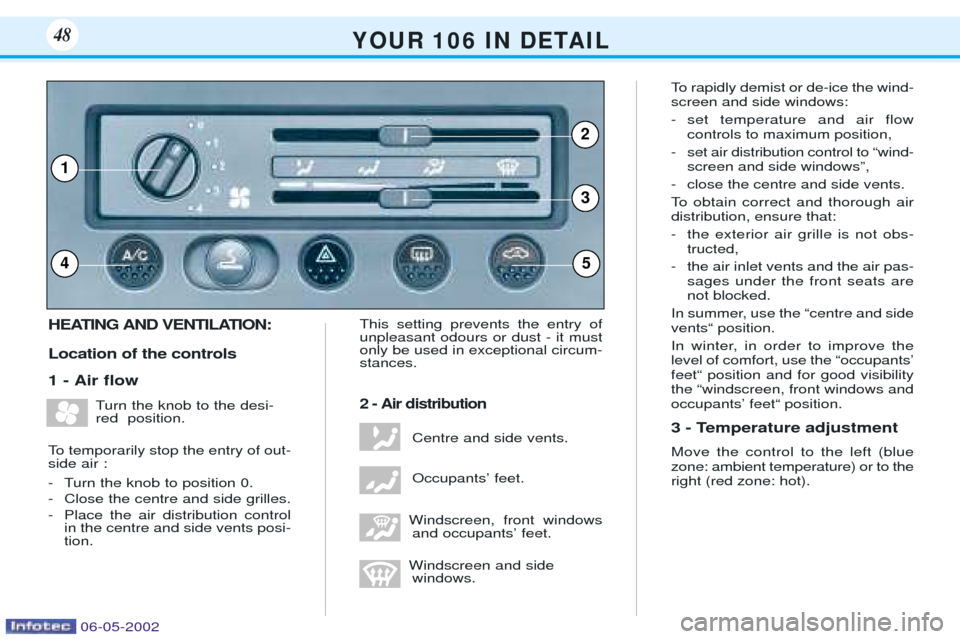 Peugeot 106 Dag 2001.5  Owners Manual HEATING AND VENTILATION: Location of the controls 1 - Air ßowTurn the knob to the desi- red  position.
To temporarily stop the entry of out-side air : 
- Turn the knob to position 0. 
- Close the cen