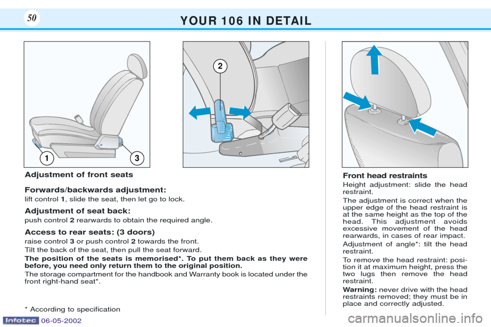 Peugeot 106 Dag 2001.5 Service Manual Front head restraints Height adjustment: slide the head restraint. The adjustment is correct when the upper edge of the head restraint isat the same height as the top of thehead. This adjustment avoid