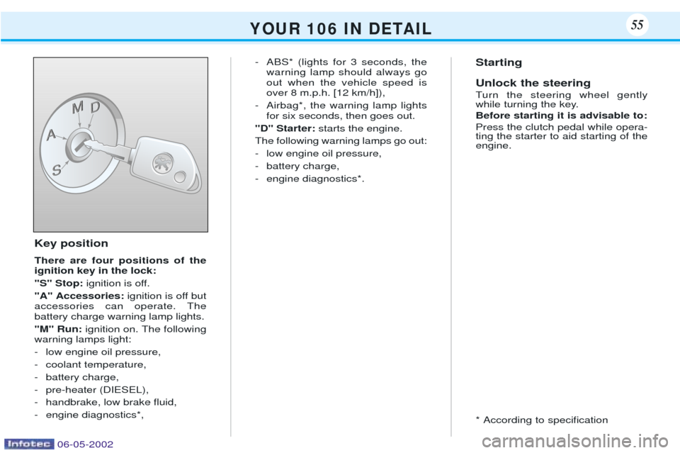 Peugeot 106 Dag 2001.5 Workshop Manual Key position There are four positions of the ignition key in the lock: "S" Stop: ignition is off.
"A" Accessories:  ignition is off but
accessories can operate. The battery charge warning lamp lights.