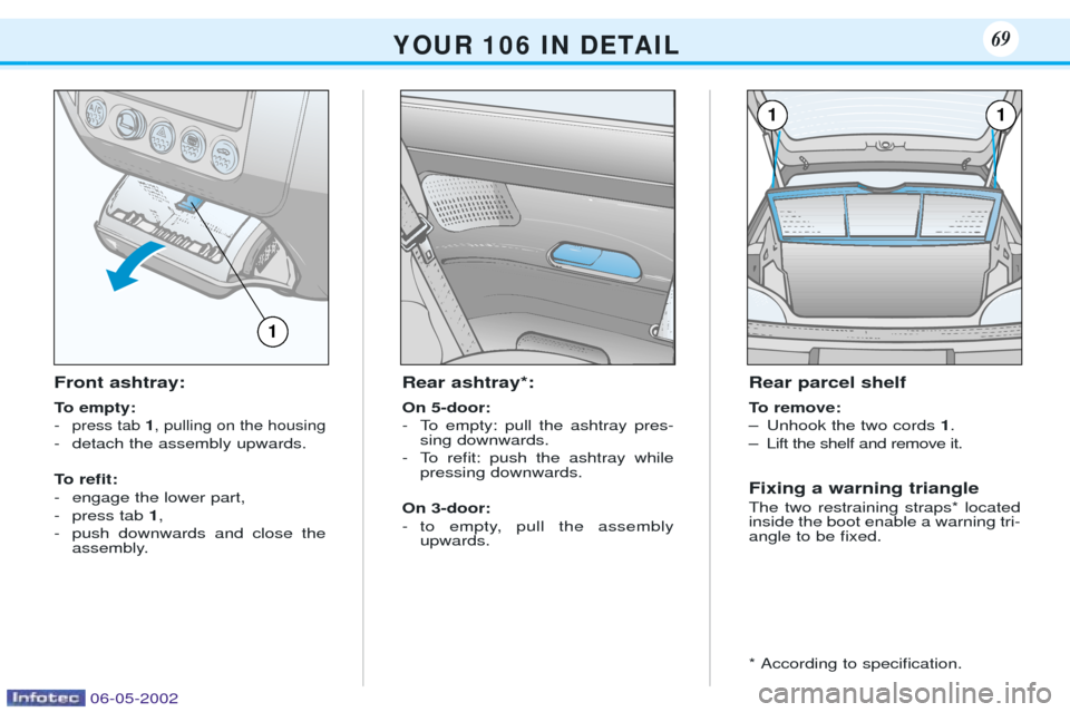 Peugeot 106 Dag 2001.5 User Guide Front ashtray: 
To empty: -
press tab 1, pulling on the housing
- detach the assembly upwards. 
To reÞt: 
- engage the lower part,
- press tab  1,
- push downwards and close the assembly. Rear ashtra