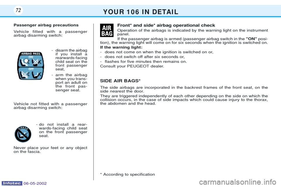 Peugeot 106 Dag 2001.5  Owners Manual Passenger airbag precautions 
Vehicle fitted with a passenger airbag disarming switch:
- disarm the airbagif you install arearwards-facingchild seat on thefront passengerseat,
- arm the airbagwhen you