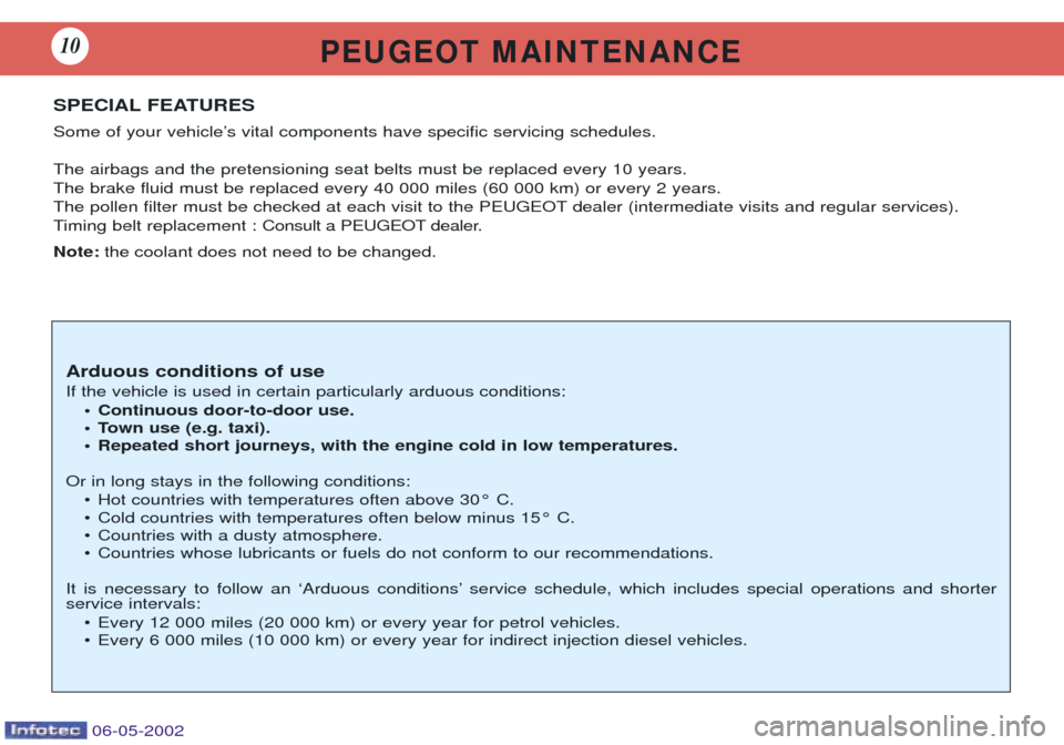 Peugeot 106 Dag 2001.5 Owners Manual P E U G E O T M A I N T E N A N C E10
SPECIAL FEATURES
Some of your vehicleÕs vital components have specific servicing schedules. The airbags and the pretensioning seat belts must be replaced ever Peugeot 106 Dag 2001.5 Owners Manual P E U G E O T M A I N T E N A N C E10
SPECIAL FEATURES
Some of your vehicleÕs vital components have specific servicing schedules. The airbags and the pretensioning seat belts must be replaced ever
