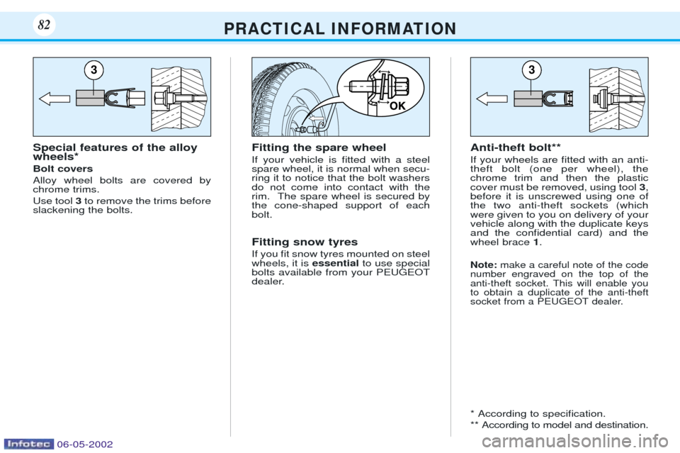 Peugeot 106 Dag 2001.5 Manual Online Special features of the alloy wheels* Bolt covers Alloy wheel bolts are covered by chrome trims.   Use tool 3to remove the trims before
slackening the bolts. Anti-theft bolt** If your wheels are Þtte