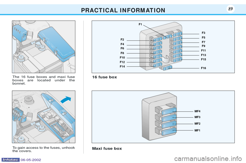 Peugeot 106 Dag 2001.5 Owners Manual The 16 fuse boxes and maxi fuse boxes are located under thebonnet.
To gain access to the fuses, unhook the covers.16 fuse box Maxi fuse box
P R A C T I C A L I N F O R M AT I O N89
F2
F1
F4 F6 F8
F10 Peugeot 106 Dag 2001.5 Owners Manual The 16 fuse boxes and maxi fuse boxes are located under thebonnet.
To gain access to the fuses, unhook the covers.16 fuse box Maxi fuse box
P R A C T I C A L I N F O R M AT I O N89
F2
F1
F4 F6 F8
F10
