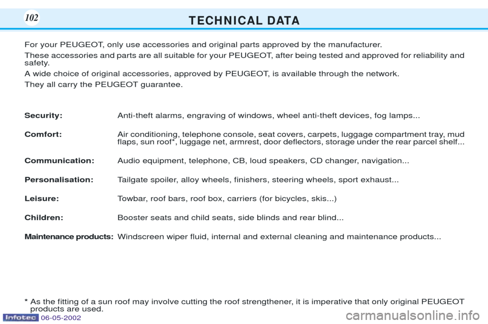 Peugeot 106 Dag 2001.5 Owners Manual T E C H N I C A L D ATA102
For your PEUGEOT, only use accessories and original parts approved by the manufacturer. 
These accessories and parts are all suitable for your PEUGEOT, after being tested an