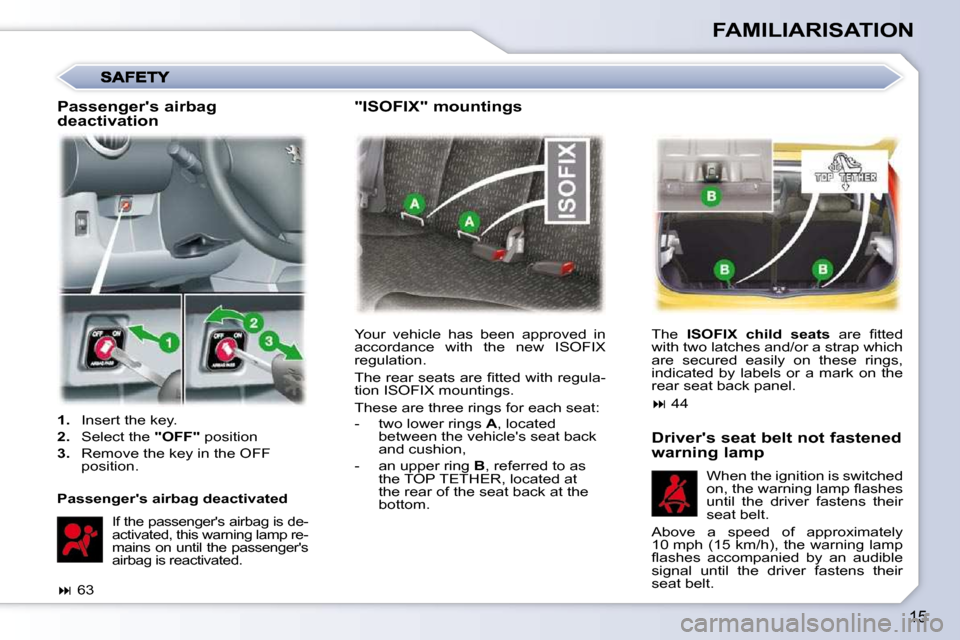 Peugeot 107 Dag 2010.5 User Guide 15
FAMILIARISATION
 Your  vehicle  has  been  approved  in  
accordance  with  the  new  ISOFIX 
regulation.  
� �T�h�e� �r�e�a�r� �s�e�a�t�s� �a�r�e� �ﬁ� �t�t�e�d� �w�i�t�h� �r�e�g�u�l�a�- 
tion IS