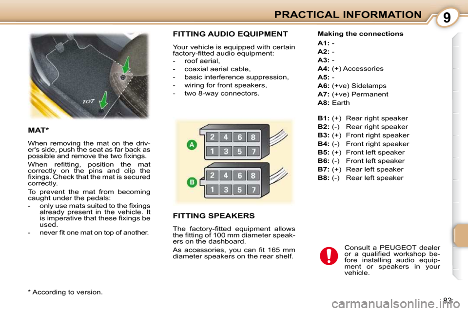 Peugeot 107 Dag 2010.5  Owners Manual 9
83
PRACTICAL INFORMATION
 FITTING AUDIO EQUIPMENT 
 Your vehicle is equipped with certain  
�f�a�c�t�o�r�y�-�ﬁ� �t�t�e�d� �a�u�d�i�o� �e�q�u�i�p�m�e�n�t�:�  
   -   roof aerial,  
  -   coaxial ae