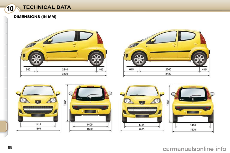 Peugeot 107 Dag 2010.5 Owners Manual 1010
88
TECHNICAL DATA
�D�I�M�E�N�S�I�O�N�S� �(�I�N� �M�M�)�      