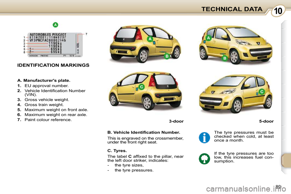 Peugeot 107 Dag 2010.5  Owners Manual 1010
89
TECHNICAL DATA
IDENTIFICATION MARKINGS  
� � �B�.� �V�e�h�i�c�l�e� �I�d�e�n�t�i�ﬁ� �c�a�t�i�o�n� �N�u�m�b�e�r�.�  
 This is engraved on the crossmember,  
under the front right seat.   The  