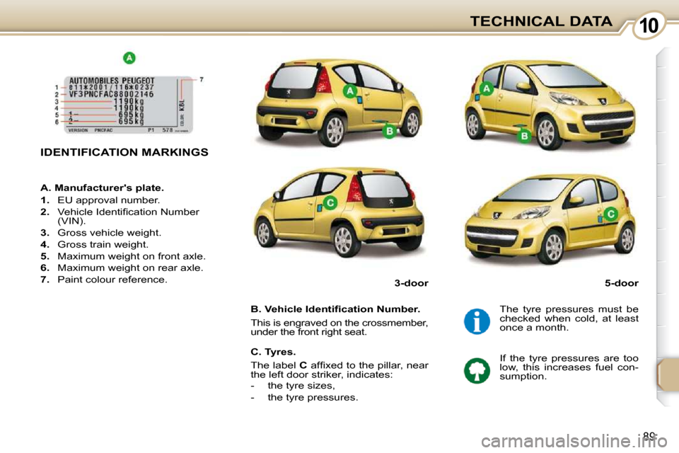 Peugeot 107 Dag 2010.5 Owners Manual 1010
89
TECHNICAL DATA
IDENTIFICATION MARKINGS  
� � �B�.� �V�e�h�i�c�l�e� �I�d�e�n�t�i�ﬁ� �c�a�t�i�o�n� �N�u�m�b�e�r�.�  
 This is engraved on the crossmember,  
under the front right seat.   The  