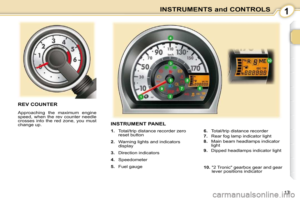Peugeot 107 Dag 2009 User Guide 1
17
INSTRUMENTS and CONTROLS
       INSTRUMENT PANEL 
   
1.    Total/trip distance recorder zero 
reset button 
  
2.    Warning lights and indicators 
display 
  
3.    Direction indicators 
  
4. 