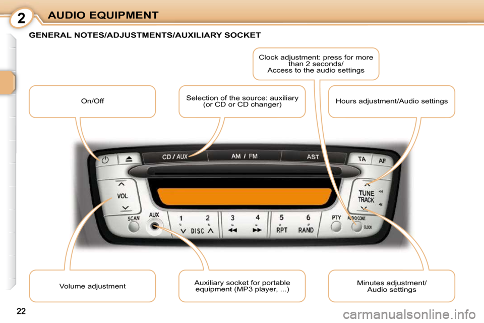 Peugeot 107 Dag 2009  Owners Manual 2
22
AUDIO EQUIPMENT
           GENERAL NOTES/ADJUSTMENTS/AUXILIARY SOCKET 
 On/Off  Selection of the source: auxiliary 
(or CD or CD changer)   Clock adjustment: press for more 
than 2 seconds/
Acces