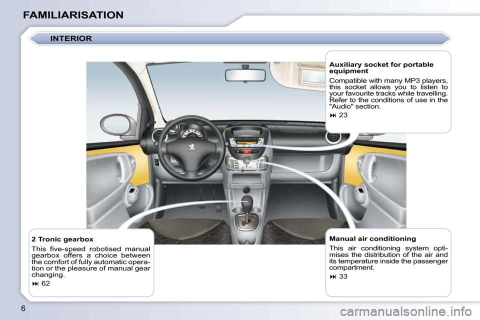 Peugeot 107 Dag 2009  Owners Manual 6
FAMILIARISATION  Manual air conditioning  
� �T�h�i�s�  �a�i�r�  �c�o�n�d�i�t�i�o�n�i�n�g�  �s�y�s�t�e�m�  �o�p�t�i�- 
mises  the  distribution  of  the  air  and 
its temperature inside the passeng