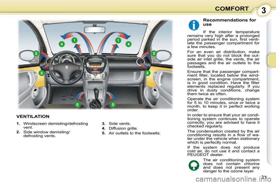 Peugeot 107 Dag 2009  Owners Manual 3
31
COMFORT
             VENTILATION 
  Recommendations for  
use  
 If  the  interior  temperature 
remains  very  high  after  a  prolonged  
�p�e�r�i�o�d�  �p�a�r�k�e�d�  �i�n�  �t�h�e�  �s�u�n�,�