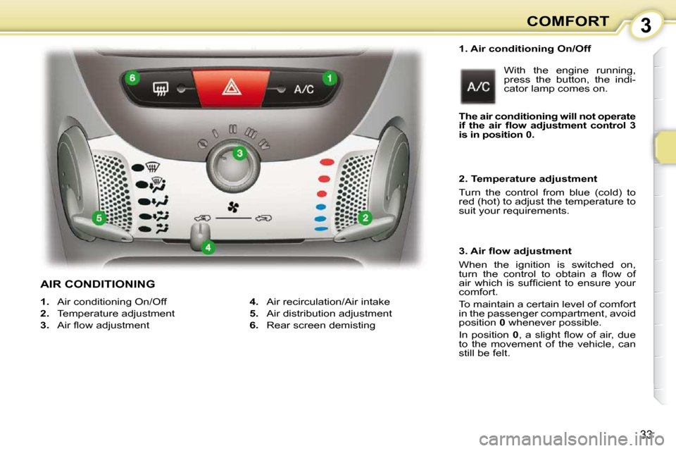 Peugeot 107 Dag 2009  Owners Manual 3
33
COMFORT
  1. Air conditioning On/Off   With  the  engine  running,  
�p�r�e�s�s�  �t�h�e�  �b�u�t�t�o�n�,�  �t�h�e�  �i�n�d�i�-
cator lamp comes on. 
   
1.    Air conditioning On/Off 
  
2.    T