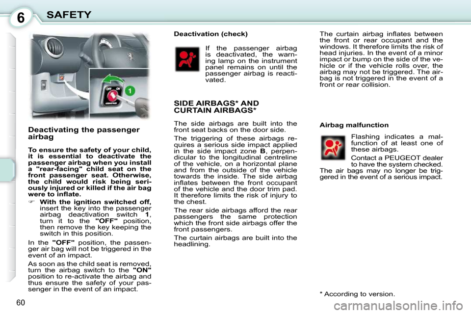 Peugeot 107 Dag 2009 Repair Manual 6
60
SAFETY
Deactivating the passenger
airbag
To ensure the safety of your child,
it is essential to
deactivate
the
passenger
airbag
when you install
a "rear-facing" Peugeot 107 Dag 2009 Repair Manual 6
60
SAFETY
Deactivating the passenger
airbag
To ensure the safety of your child,
it is essential to
deactivate
the
passenger
airbag
when you install
a "rear-facing"