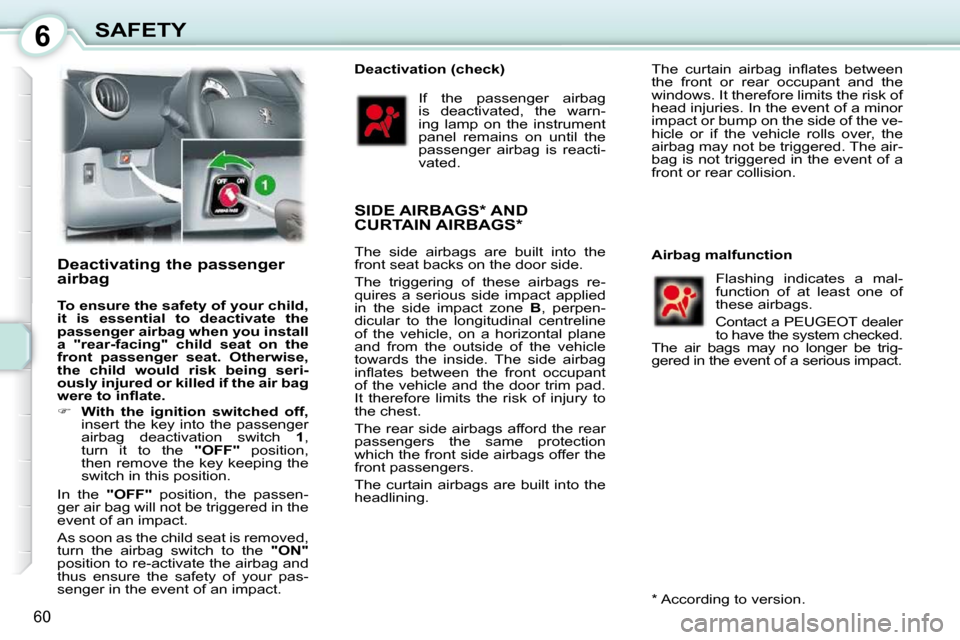 Peugeot 107 Dag 2009  Owners Manual 6
60
SAFETY
  Deactivating the passenger  
airbag  
  
To ensure the safety of your child,  
it  is  essential  to    
deactivate   
  the 
passenger    
airbag   
 when you install 
a  "rear-facing" 