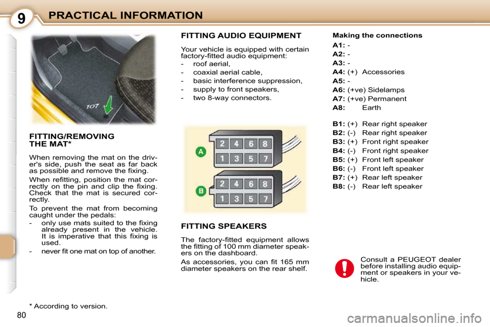 Peugeot 107 Dag 2009  Owners Manual 9
80
PRACTICAL INFORMATION
 FITTING AUDIO EQUIPMENT 
 Your vehicle is equipped with certain  
�f�a�c�t�o�r�y�-�ﬁ� �t�t�e�d� �a�u�d�i�o� �e�q�u�i�p�m�e�n�t�:�  
   -   roof aerial,  
  -   coaxial ae