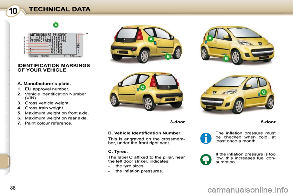 Peugeot 107 Dag 2009 Owners Manual 1010
88
         IDENTIFICATION MARKINGS OF YOUR VEHICLE  
� � �B�.� �V�e�h�i�c�l�e� �I�d�e�n�t�i�ﬁ� �c�a�t�i�o�n� �N�u�m�b�e�r�.�  
 This  is  engraved  on  the  crossmem- 
ber, under the front rig