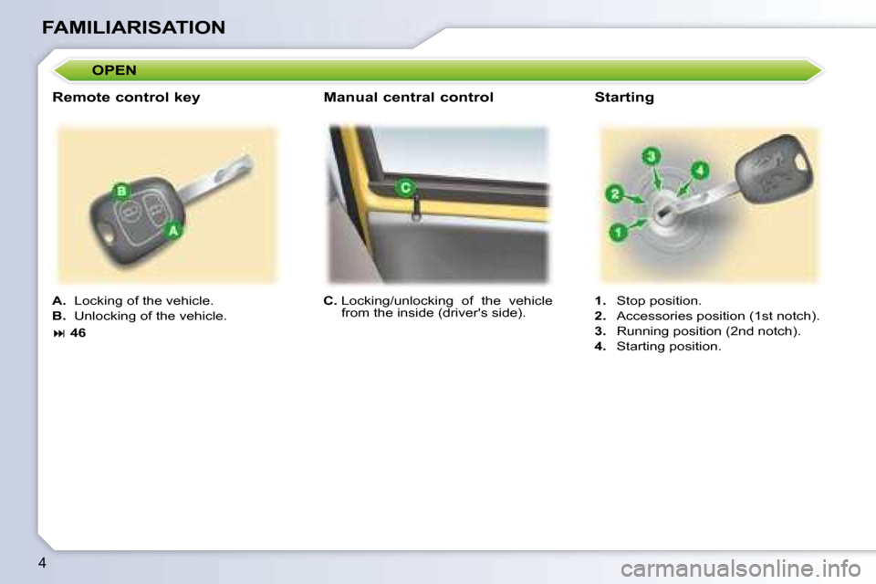 Peugeot 107 Dag 2008  Owners Manual 4
FAMILIARISATION OPEN 
  
C.    Locking/unlocking  of  the  vehicle 
from the inside (drivers side).      
1.    Stop position. 
  
2.    Accessories position (1st notch). 
  
3.    Running position